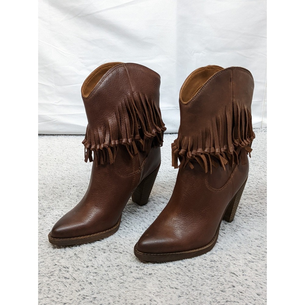 New Zodiac Donna, Cognac LE Heeled Boots Women's 5.5M Brown Leather Tassels NIB